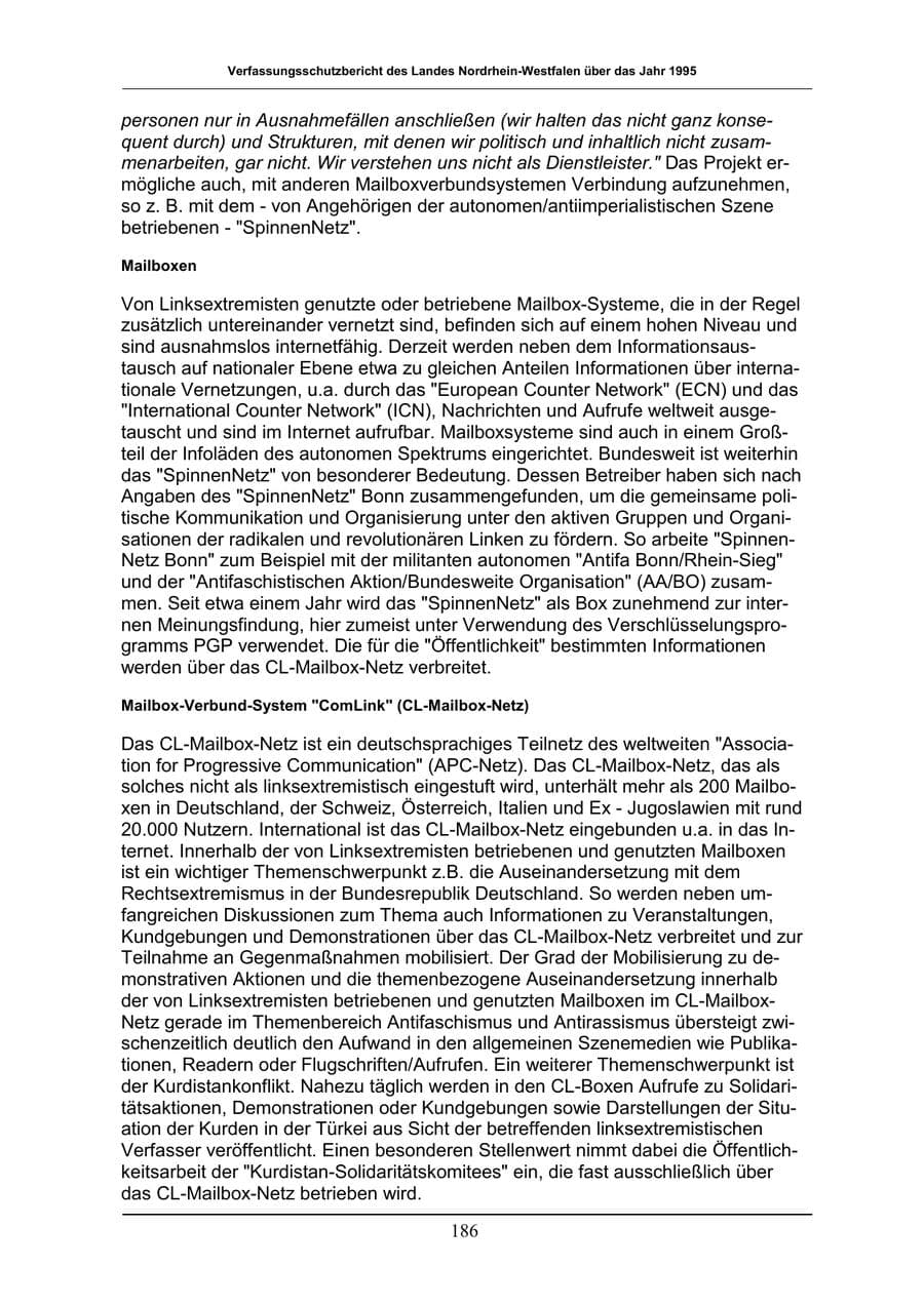 Seite 186 des Verfassungsschutzbericht 1996 Nordrhein-Westfalen