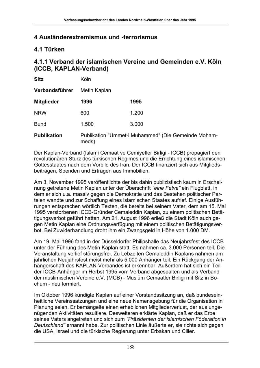 Seite 188 des Verfassungsschutzbericht 1996 Nordrhein-Westfalen