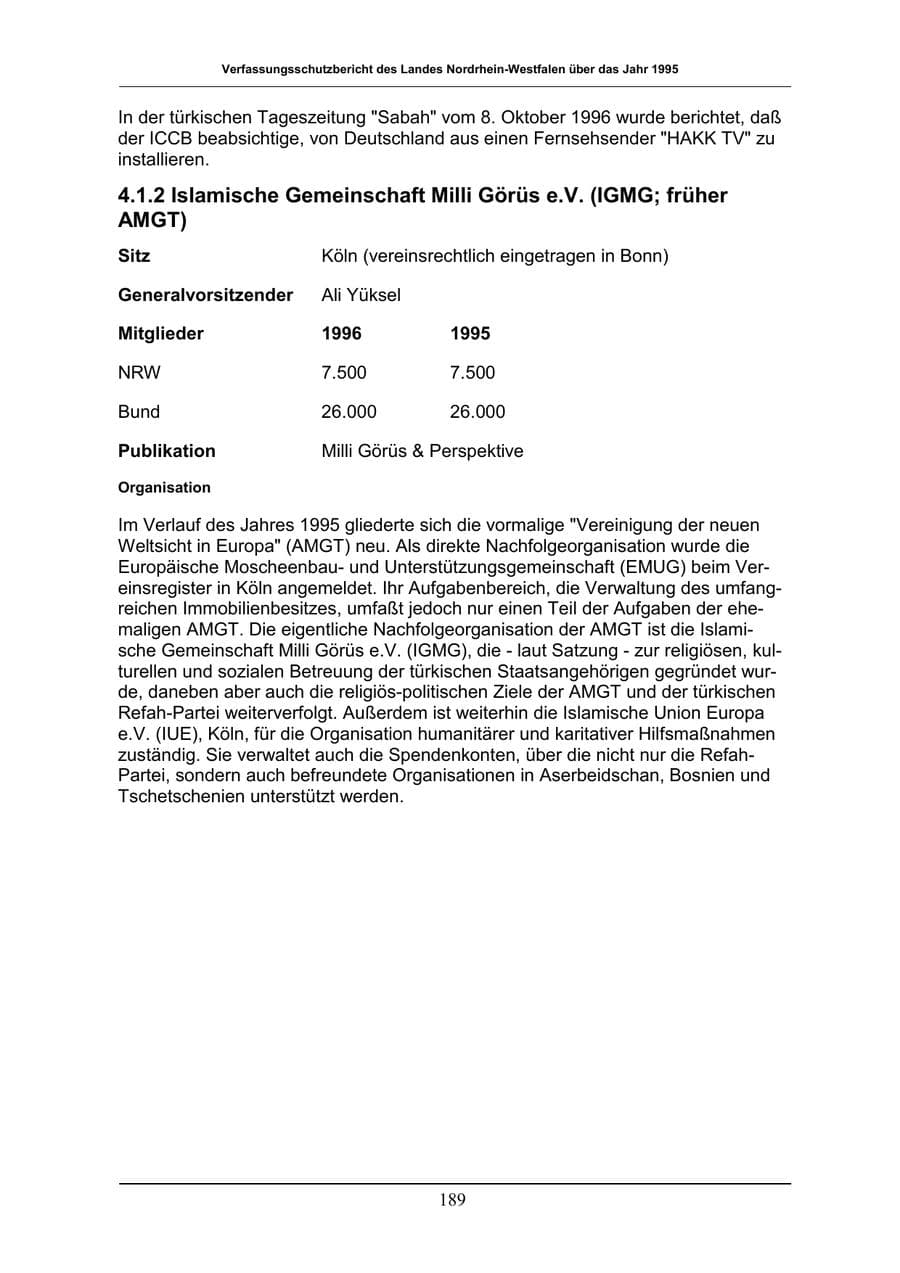 Seite 189 des Verfassungsschutzbericht 1996 Nordrhein-Westfalen