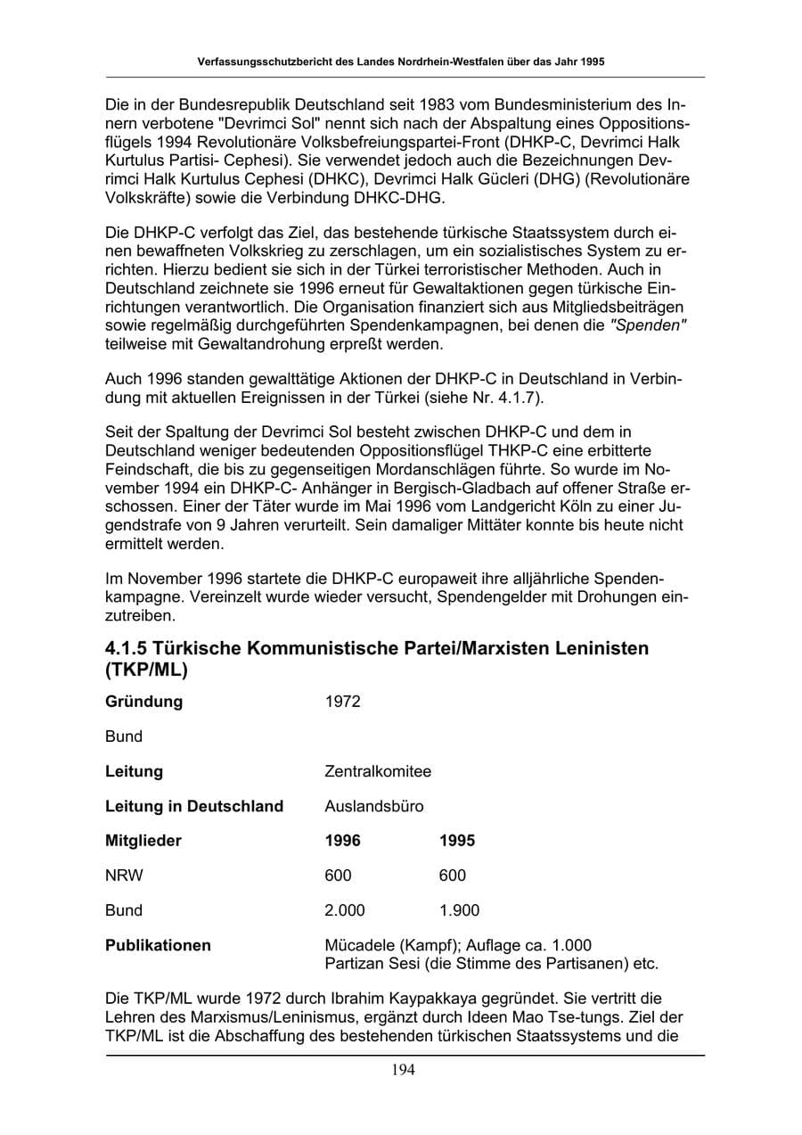 Seite 194 des Verfassungsschutzbericht 1996 Nordrhein-Westfalen