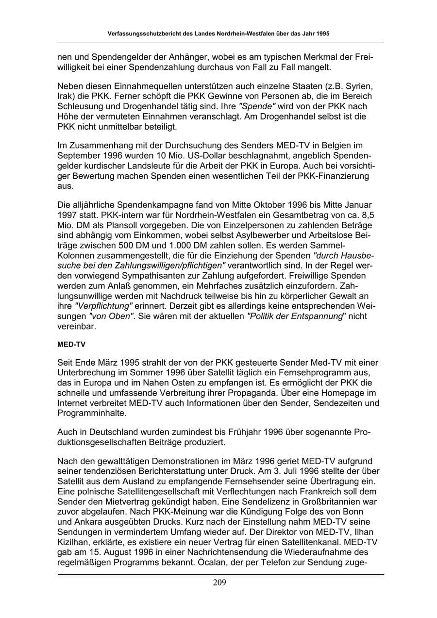 Seite 209 des Verfassungsschutzbericht 1996 Nordrhein-Westfalen