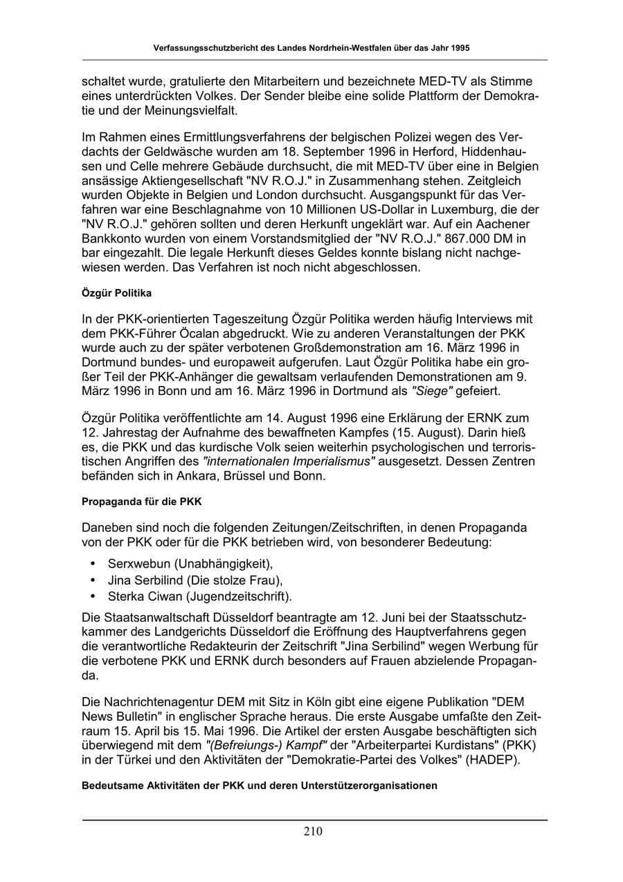Seite 210 des Verfassungsschutzbericht 1996 Nordrhein-Westfalen