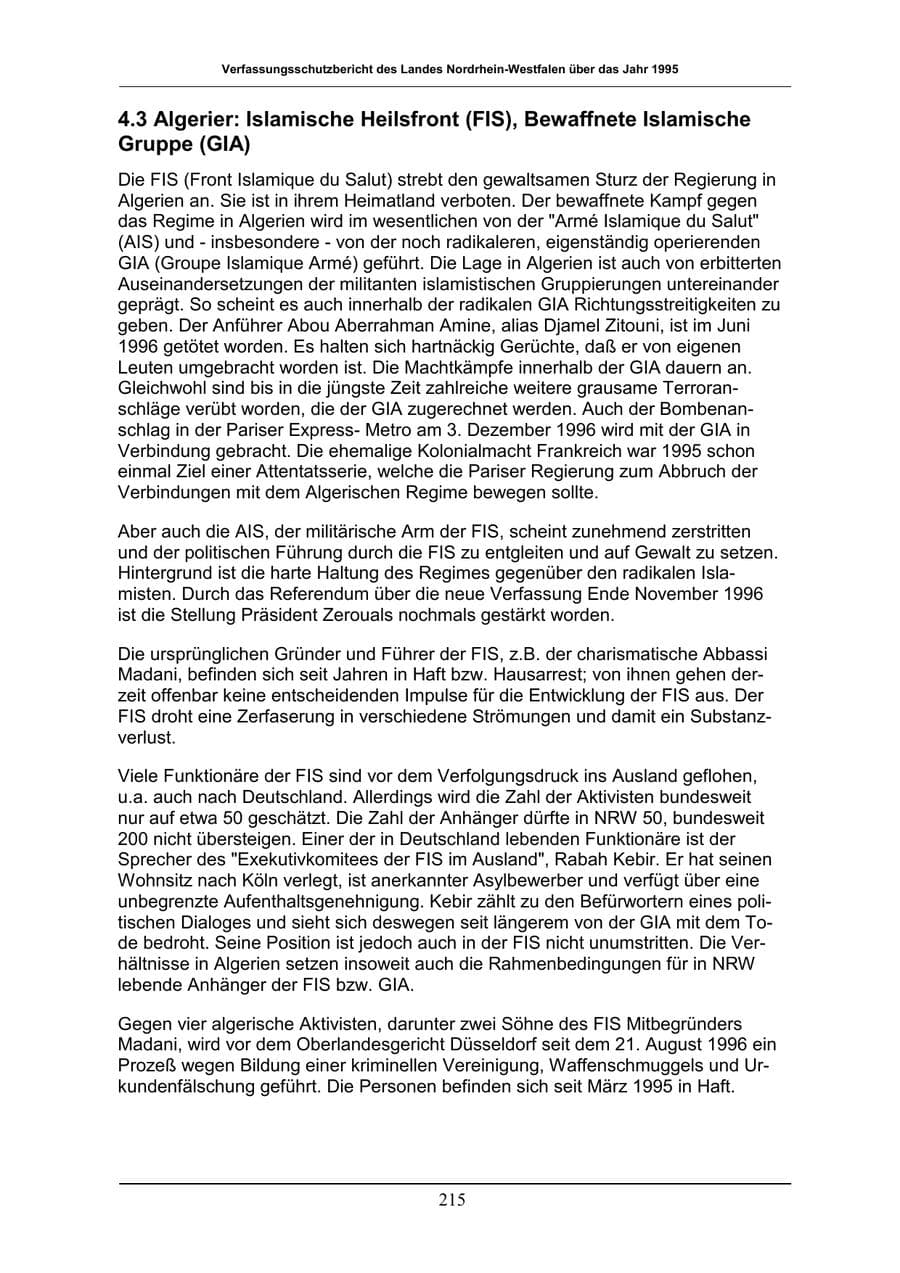 Seite 215 des Verfassungsschutzbericht 1996 Nordrhein-Westfalen