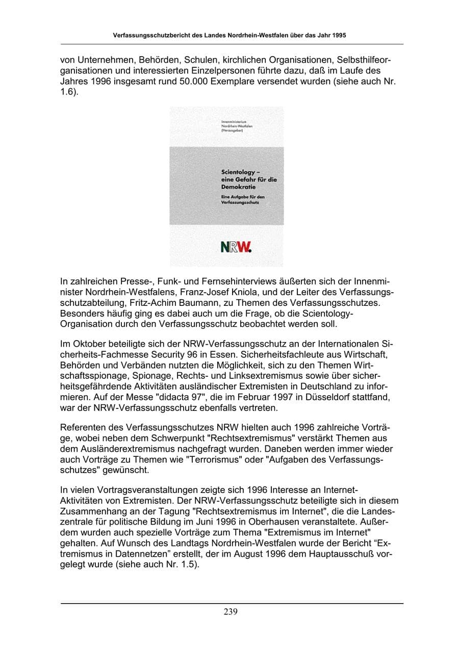 Seite 239 des Verfassungsschutzbericht 1996 Nordrhein-Westfalen