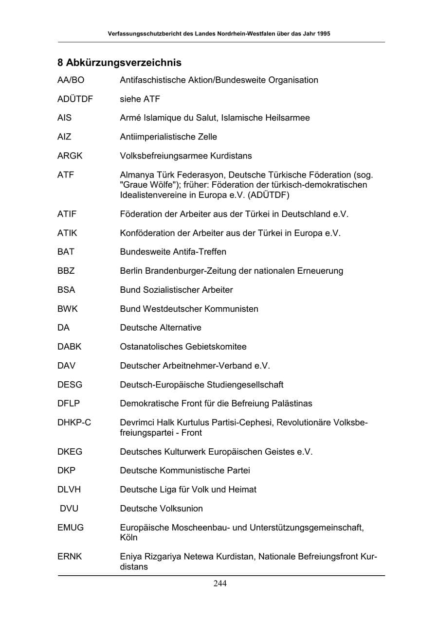 Seite 244 des Verfassungsschutzbericht 1996 Nordrhein-Westfalen