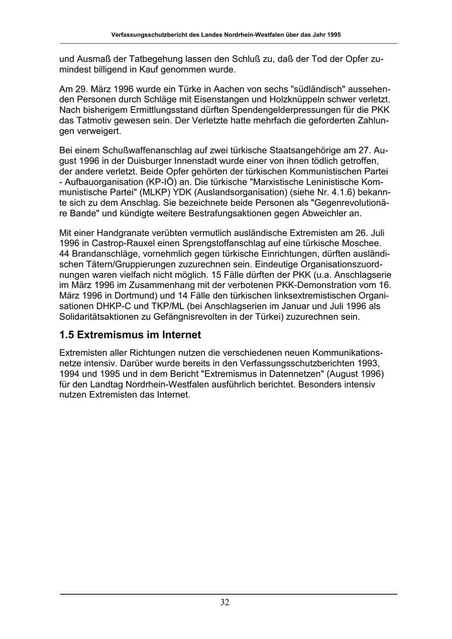 Seite 32 des Verfassungsschutzbericht 1996 Nordrhein-Westfalen