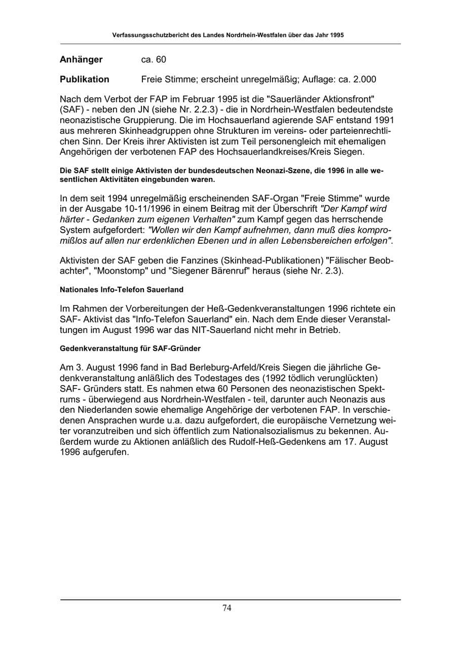Seite 74 des Verfassungsschutzbericht 1996 Nordrhein-Westfalen