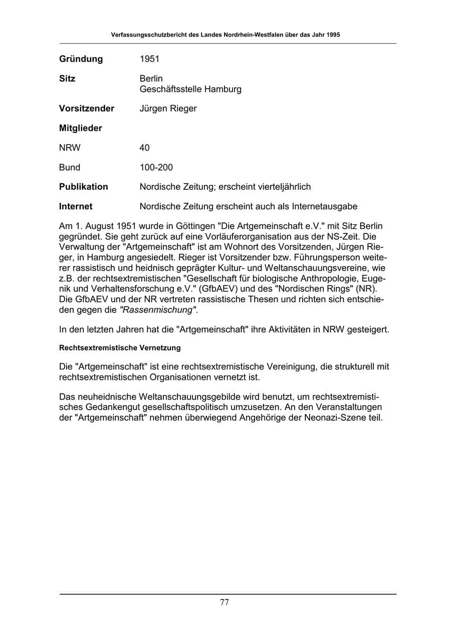 Seite 77 des Verfassungsschutzbericht 1996 Nordrhein-Westfalen