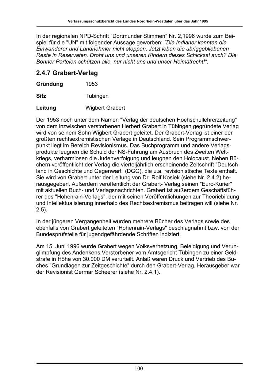 Seite 100 des Verfassungsschutzbericht 1996 Nordrhein-Westfalen