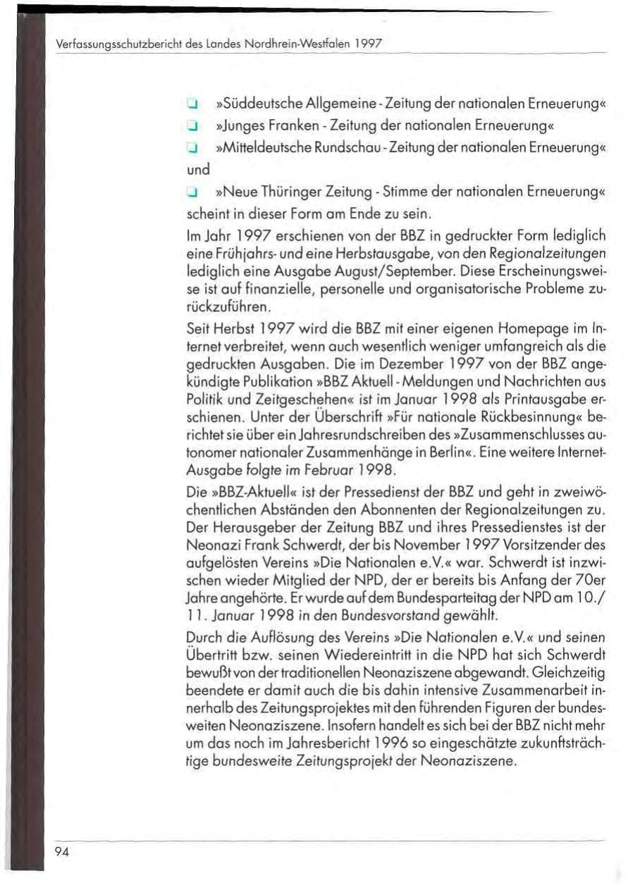 Seite 96 des Verfassungsschutzbericht 1997 Nordrhein-Westfalen