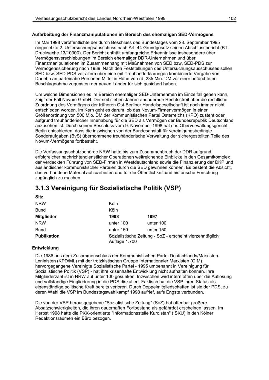 Seite 102 des Verfassungsschutzbericht 1998 Nordrhein-Westfalen