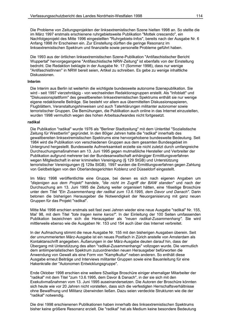 Seite 114 des Verfassungsschutzbericht 1998 Nordrhein-Westfalen