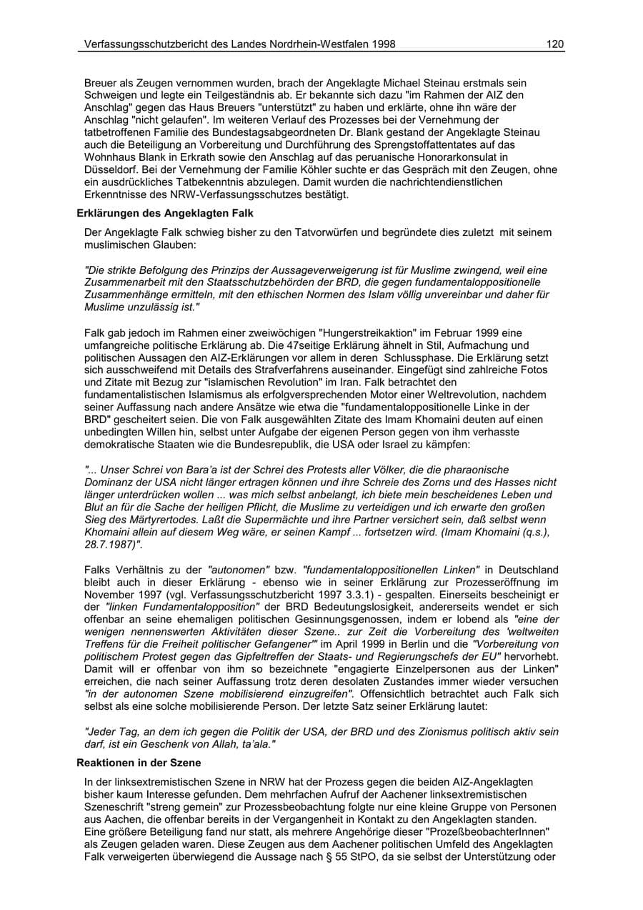 Seite 120 des Verfassungsschutzbericht 1998 Nordrhein-Westfalen