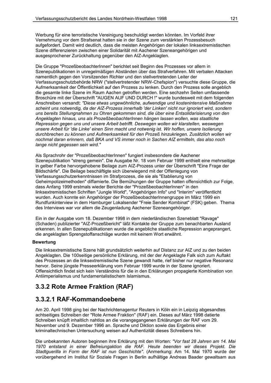 Seite 121 des Verfassungsschutzbericht 1998 Nordrhein-Westfalen