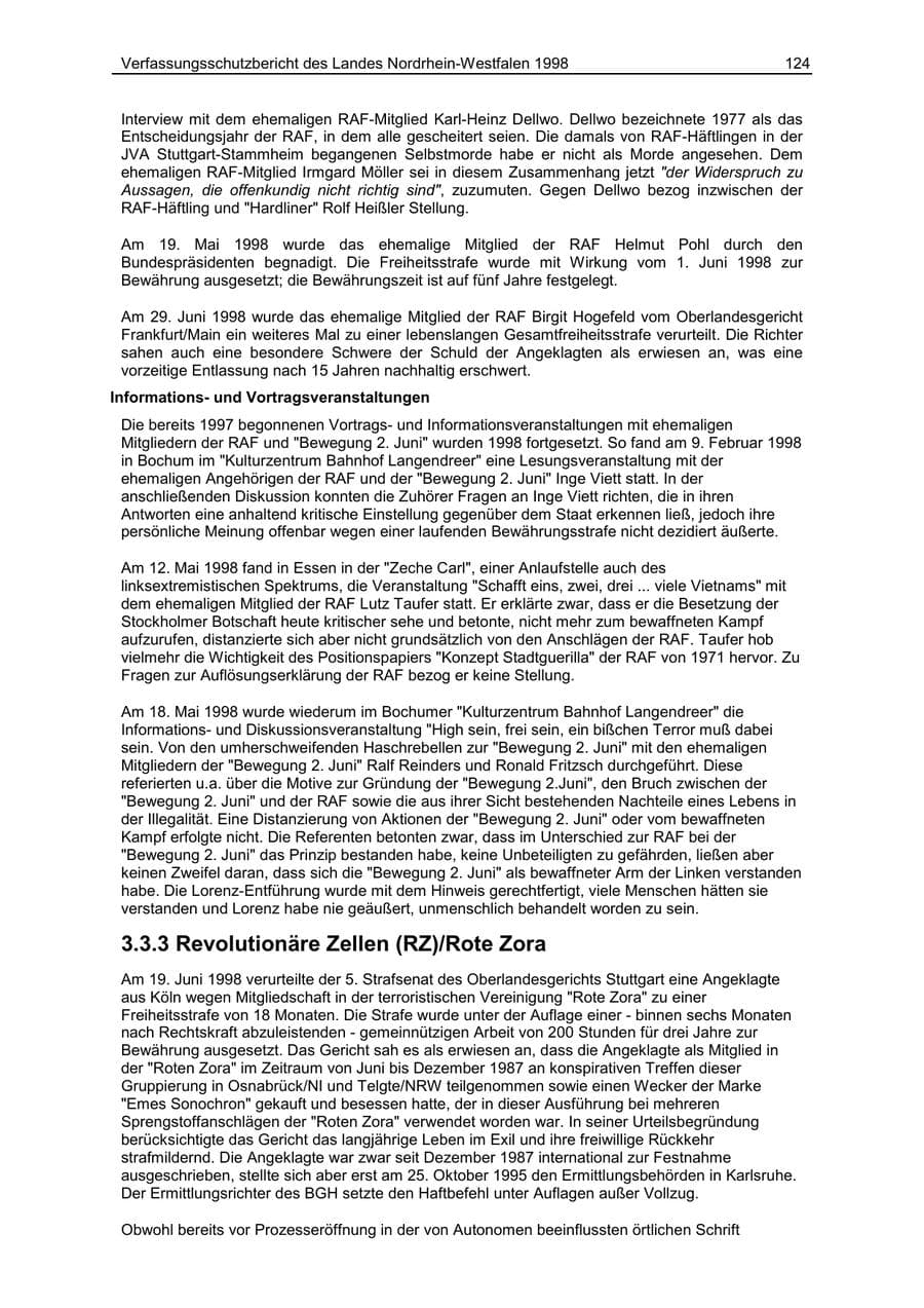 Seite 124 des Verfassungsschutzbericht 1998 Nordrhein-Westfalen
