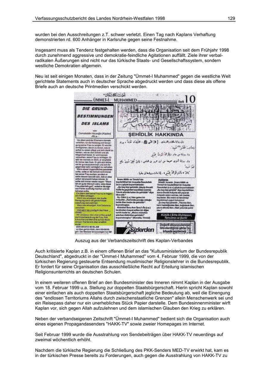 Seite 129 des Verfassungsschutzbericht 1998 Nordrhein-Westfalen