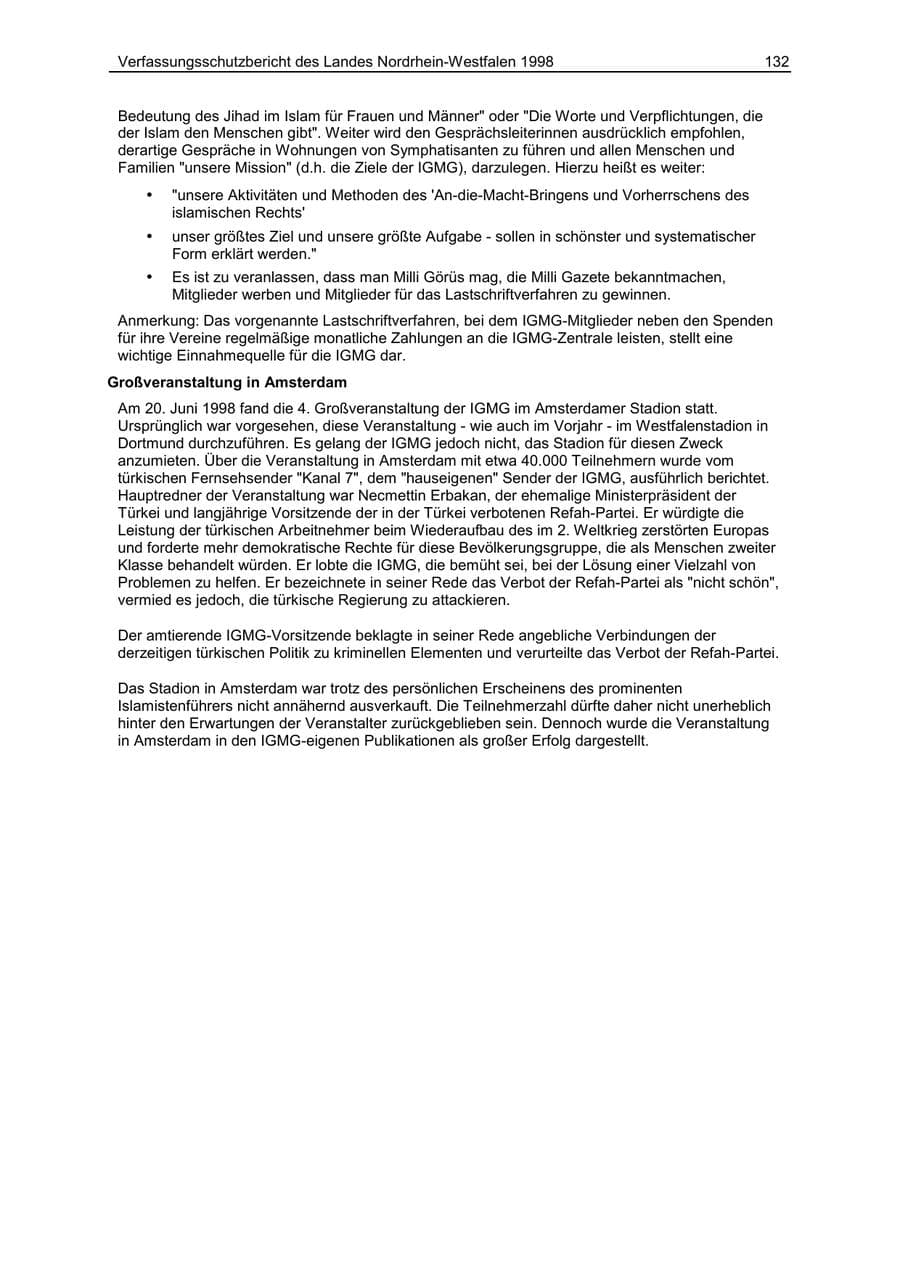 Seite 132 des Verfassungsschutzbericht 1998 Nordrhein-Westfalen