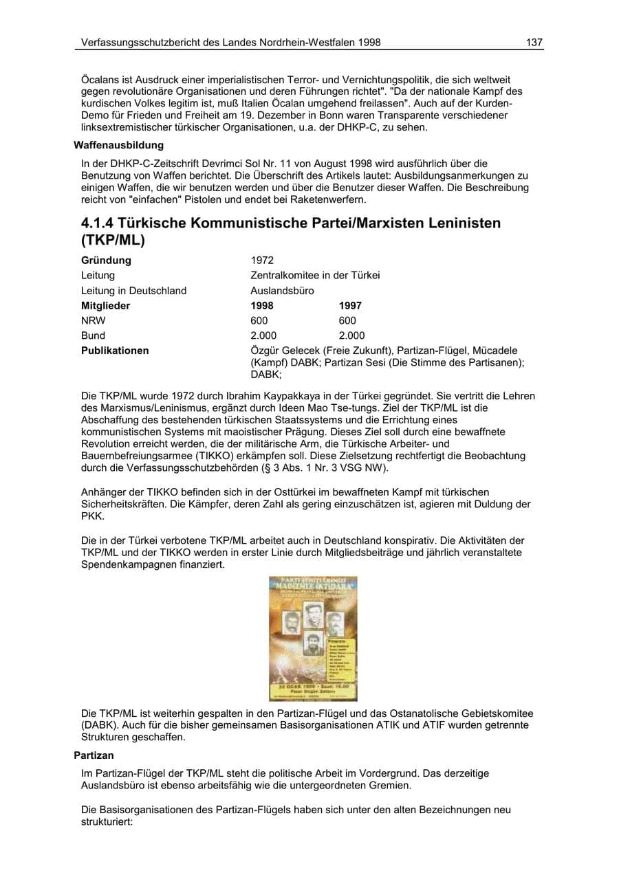 Seite 137 des Verfassungsschutzbericht 1998 Nordrhein-Westfalen