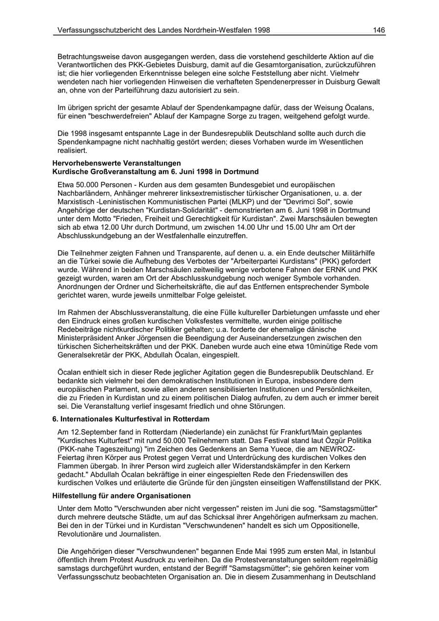 Seite 146 des Verfassungsschutzbericht 1998 Nordrhein-Westfalen