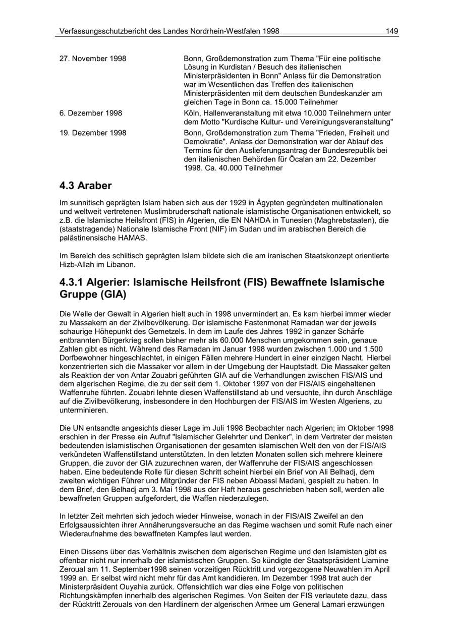 Seite 149 des Verfassungsschutzbericht 1998 Nordrhein-Westfalen