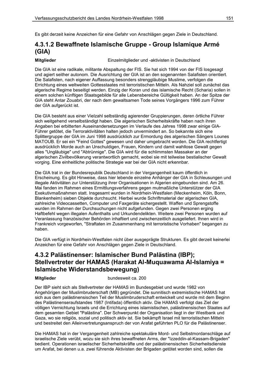 Seite 151 des Verfassungsschutzbericht 1998 Nordrhein-Westfalen