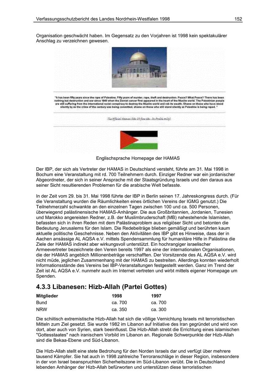 Seite 152 des Verfassungsschutzbericht 1998 Nordrhein-Westfalen