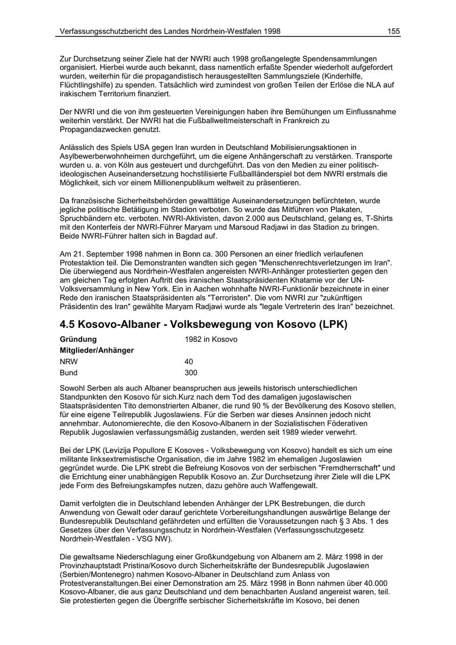 Seite 155 des Verfassungsschutzbericht 1998 Nordrhein-Westfalen