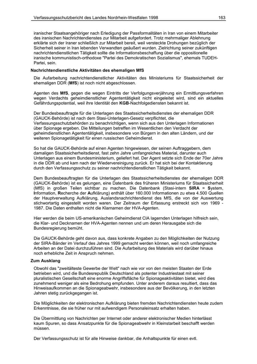 Seite 163 des Verfassungsschutzbericht 1998 Nordrhein-Westfalen