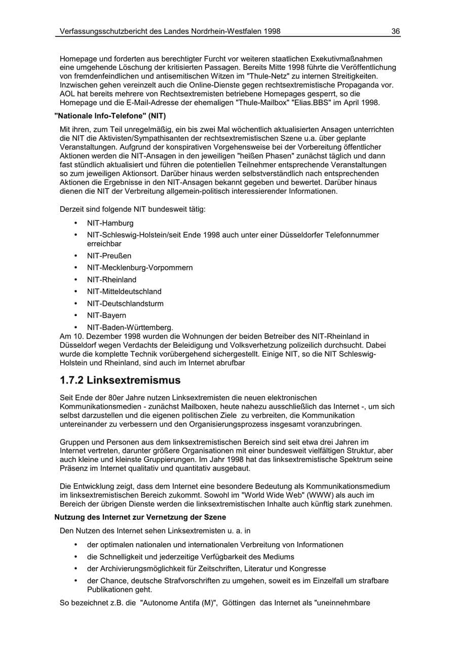Seite 36 des Verfassungsschutzbericht 1998 Nordrhein-Westfalen