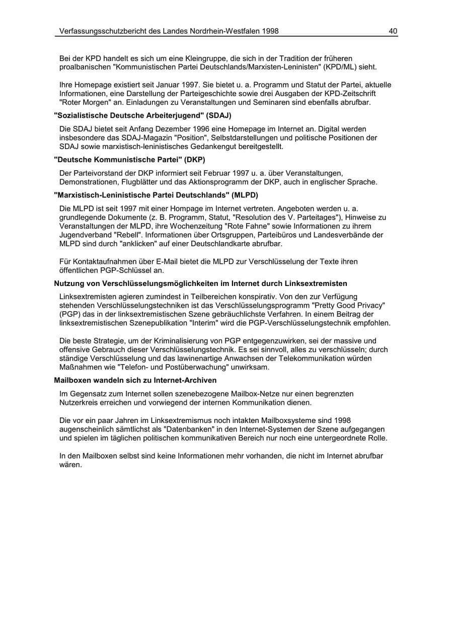 Seite 40 des Verfassungsschutzbericht 1998 Nordrhein-Westfalen