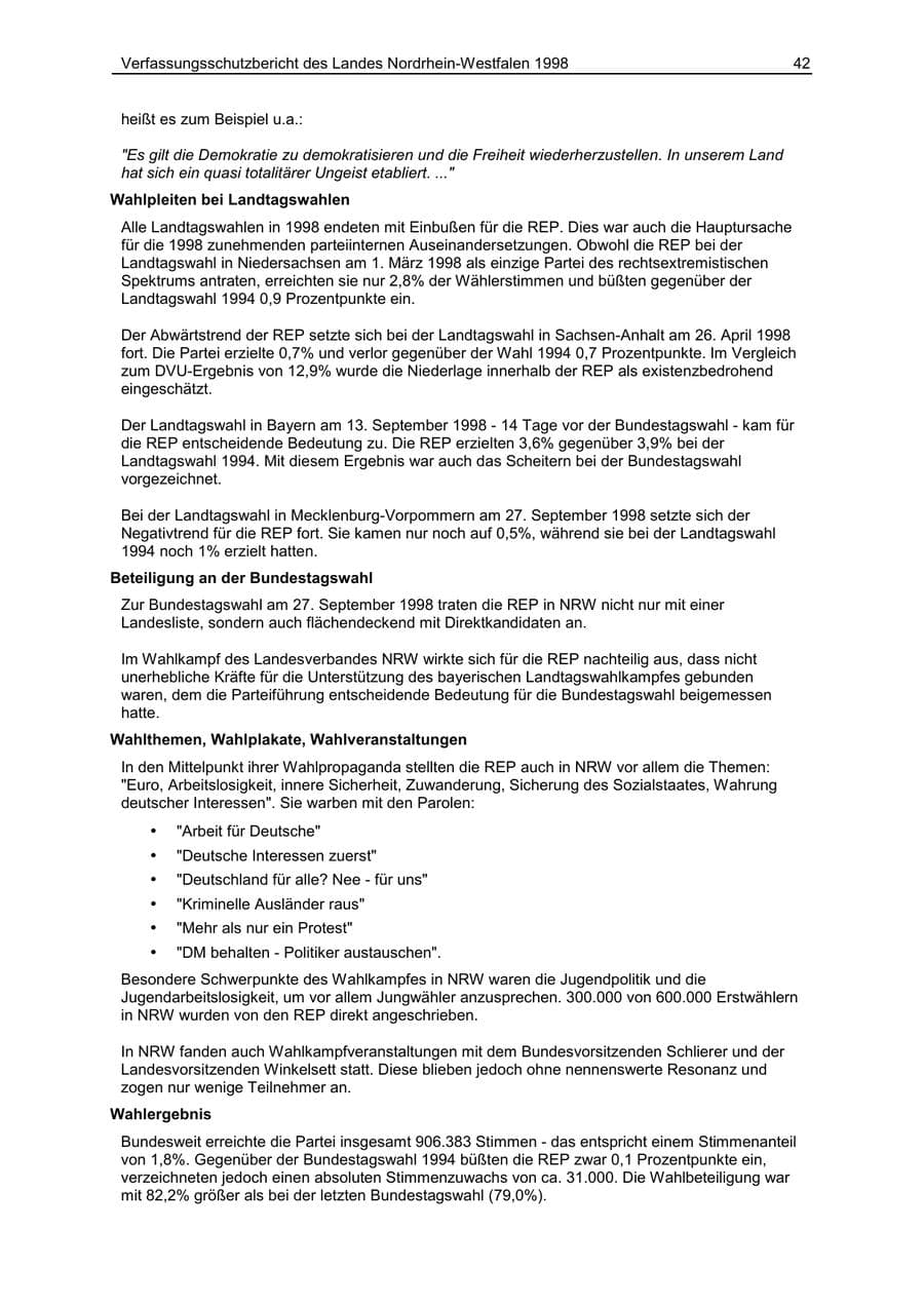Seite 42 des Verfassungsschutzbericht 1998 Nordrhein-Westfalen