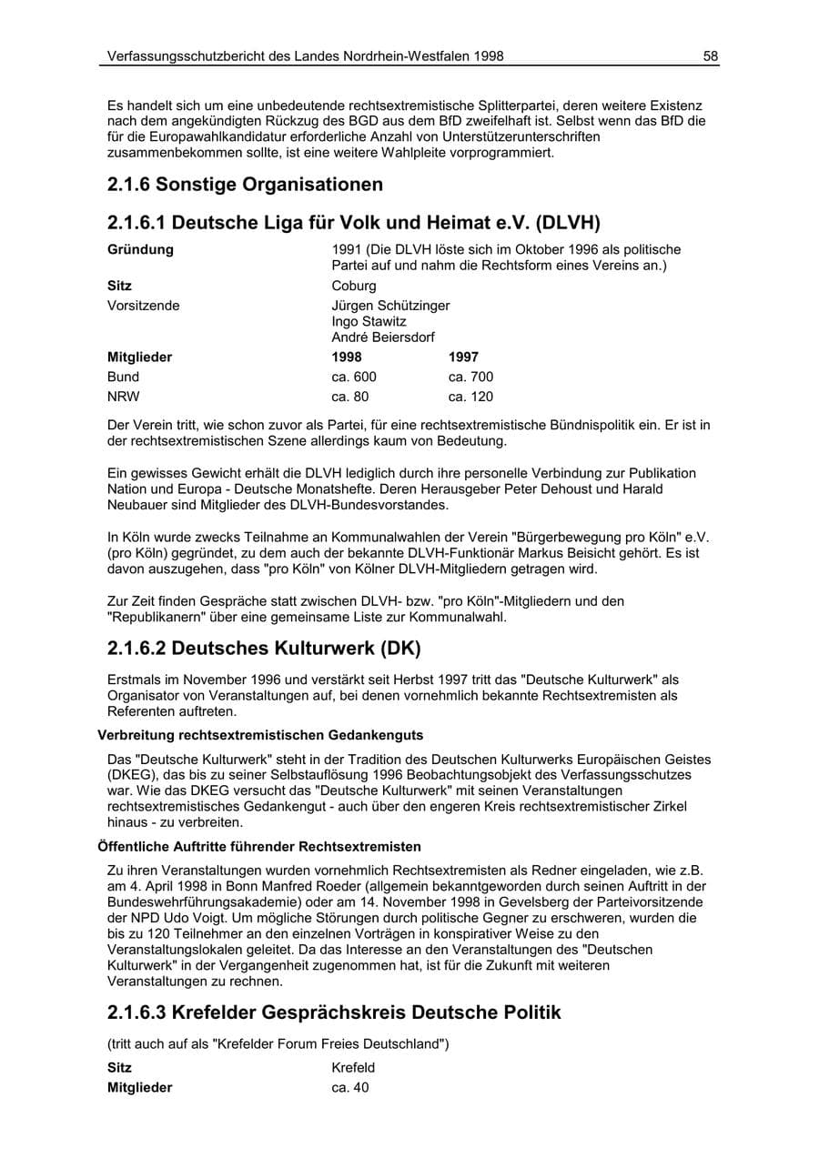Seite 58 des Verfassungsschutzbericht 1998 Nordrhein-Westfalen