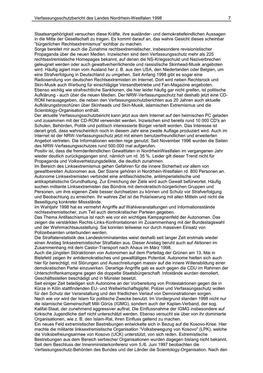Seite 7 des Verfassungsschutzbericht 1998 Nordrhein-Westfalen