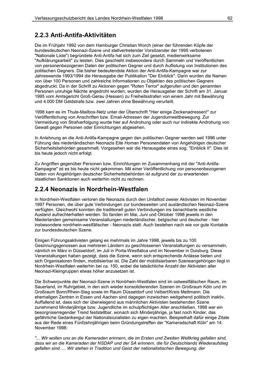 Seite 62 des Verfassungsschutzbericht 1998 Nordrhein-Westfalen