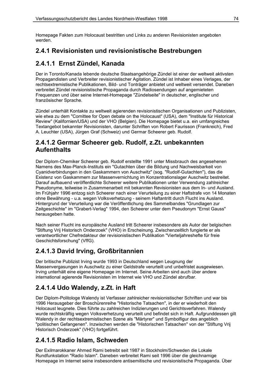 Seite 74 des Verfassungsschutzbericht 1998 Nordrhein-Westfalen