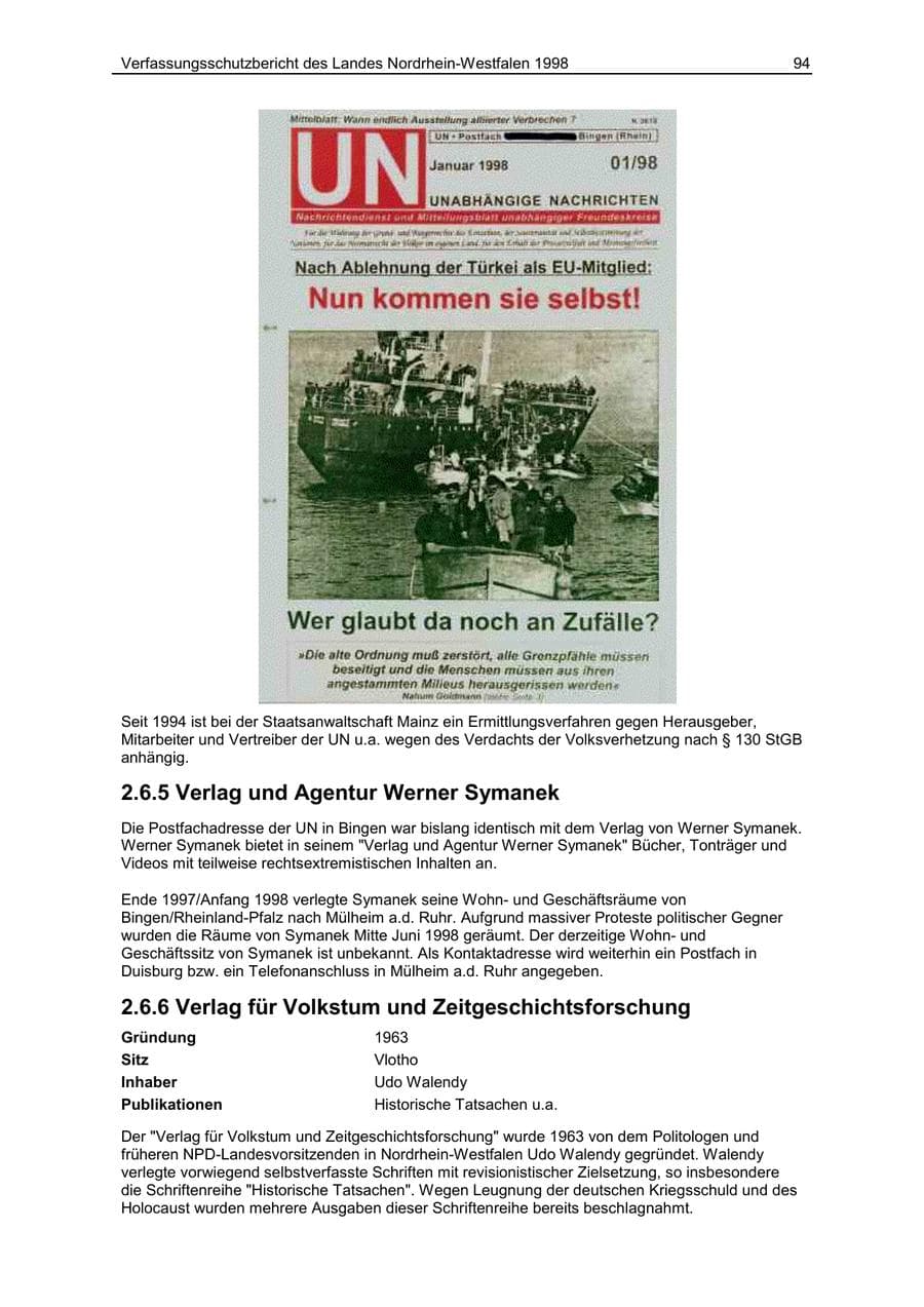 Seite 94 des Verfassungsschutzbericht 1998 Nordrhein-Westfalen