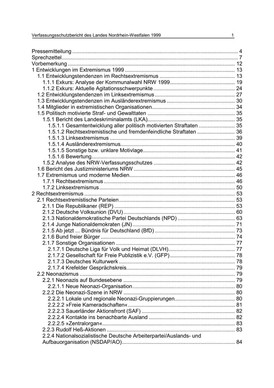 Seite 1 des Verfassungsschutzbericht 1999 Nordrhein-Westfalen