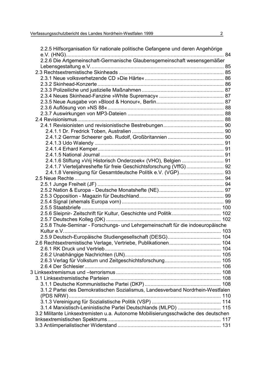 Seite 2 des Verfassungsschutzbericht 1999 Nordrhein-Westfalen