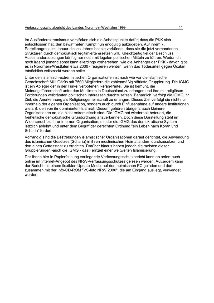 Seite 11 des Verfassungsschutzbericht 1999 Nordrhein-Westfalen