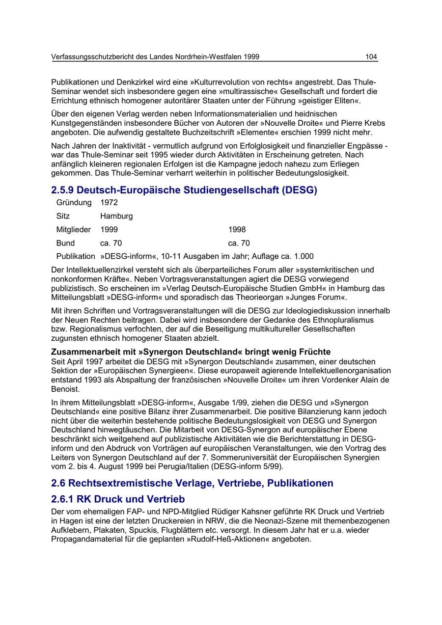Seite 104 des Verfassungsschutzbericht 1999 Nordrhein-Westfalen