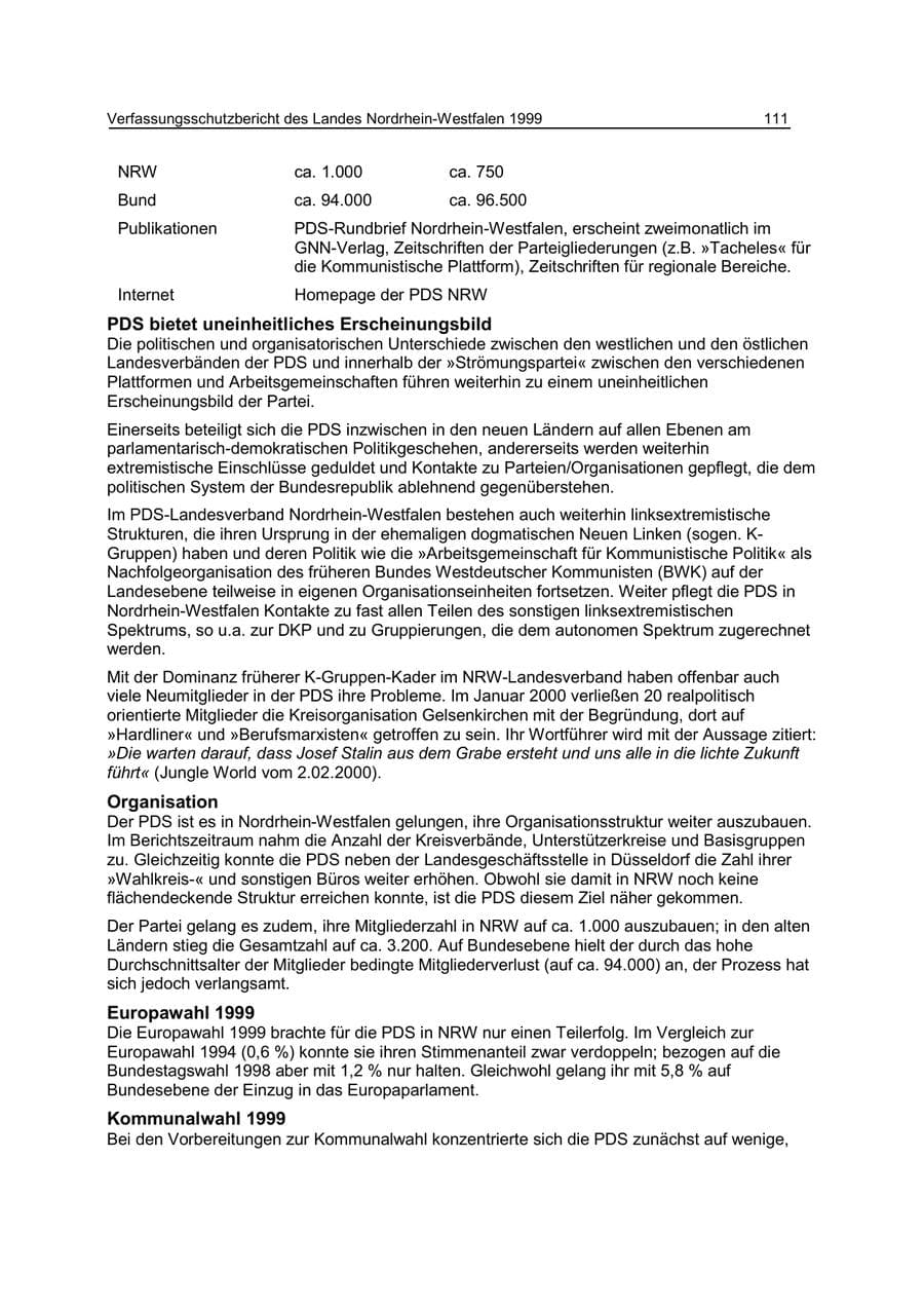 Seite 111 des Verfassungsschutzbericht 1999 Nordrhein-Westfalen