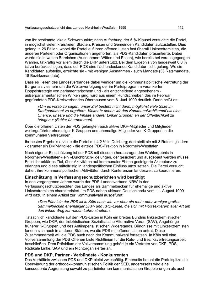 Seite 112 des Verfassungsschutzbericht 1999 Nordrhein-Westfalen