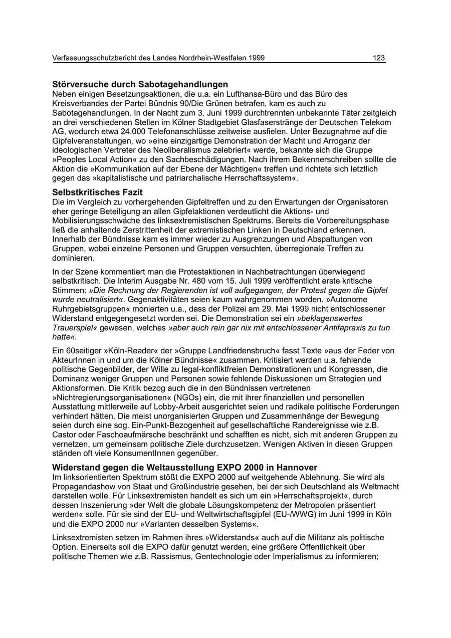 Seite 123 des Verfassungsschutzbericht 1999 Nordrhein-Westfalen