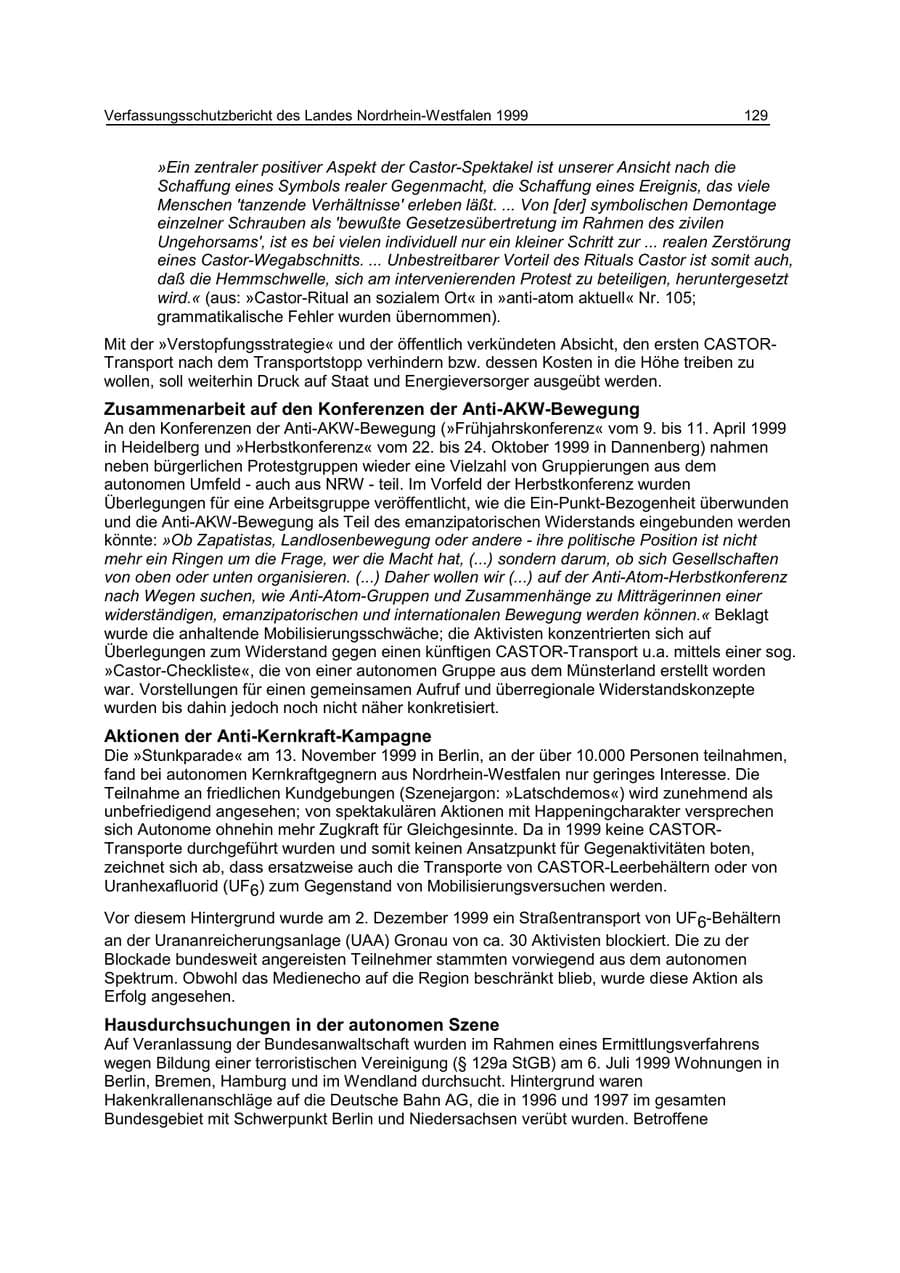 Seite 129 des Verfassungsschutzbericht 1999 Nordrhein-Westfalen