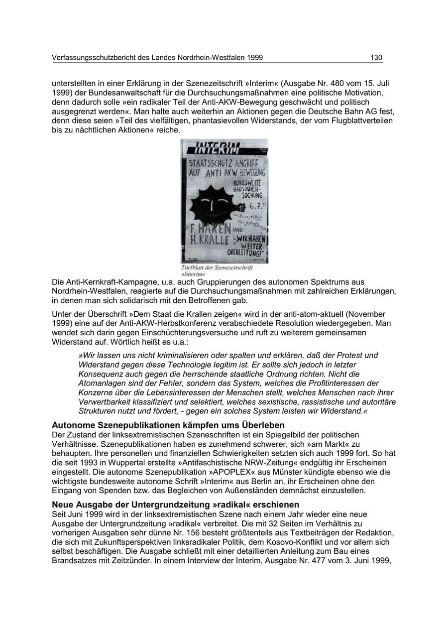 Seite 130 des Verfassungsschutzbericht 1999 Nordrhein-Westfalen