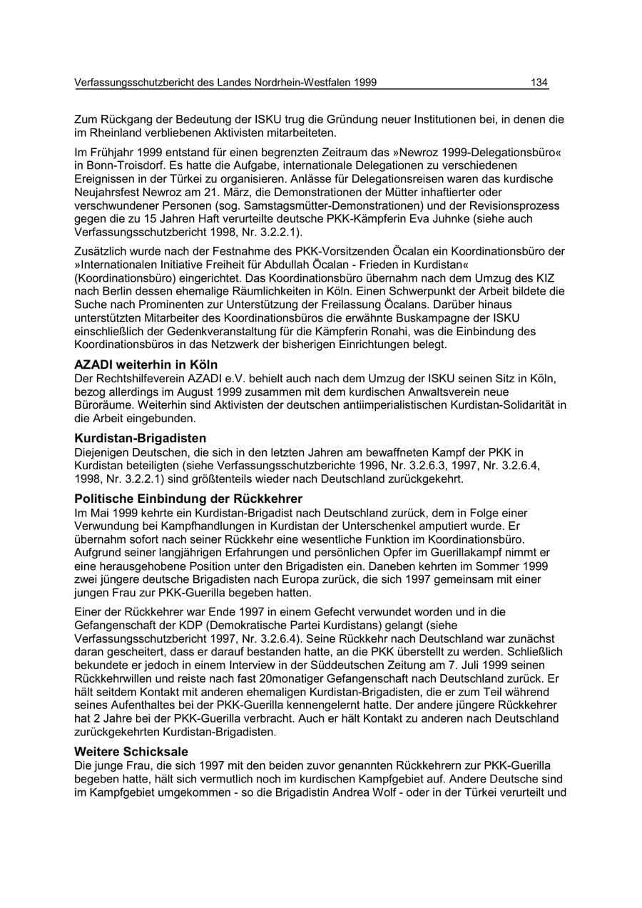 Seite 134 des Verfassungsschutzbericht 1999 Nordrhein-Westfalen