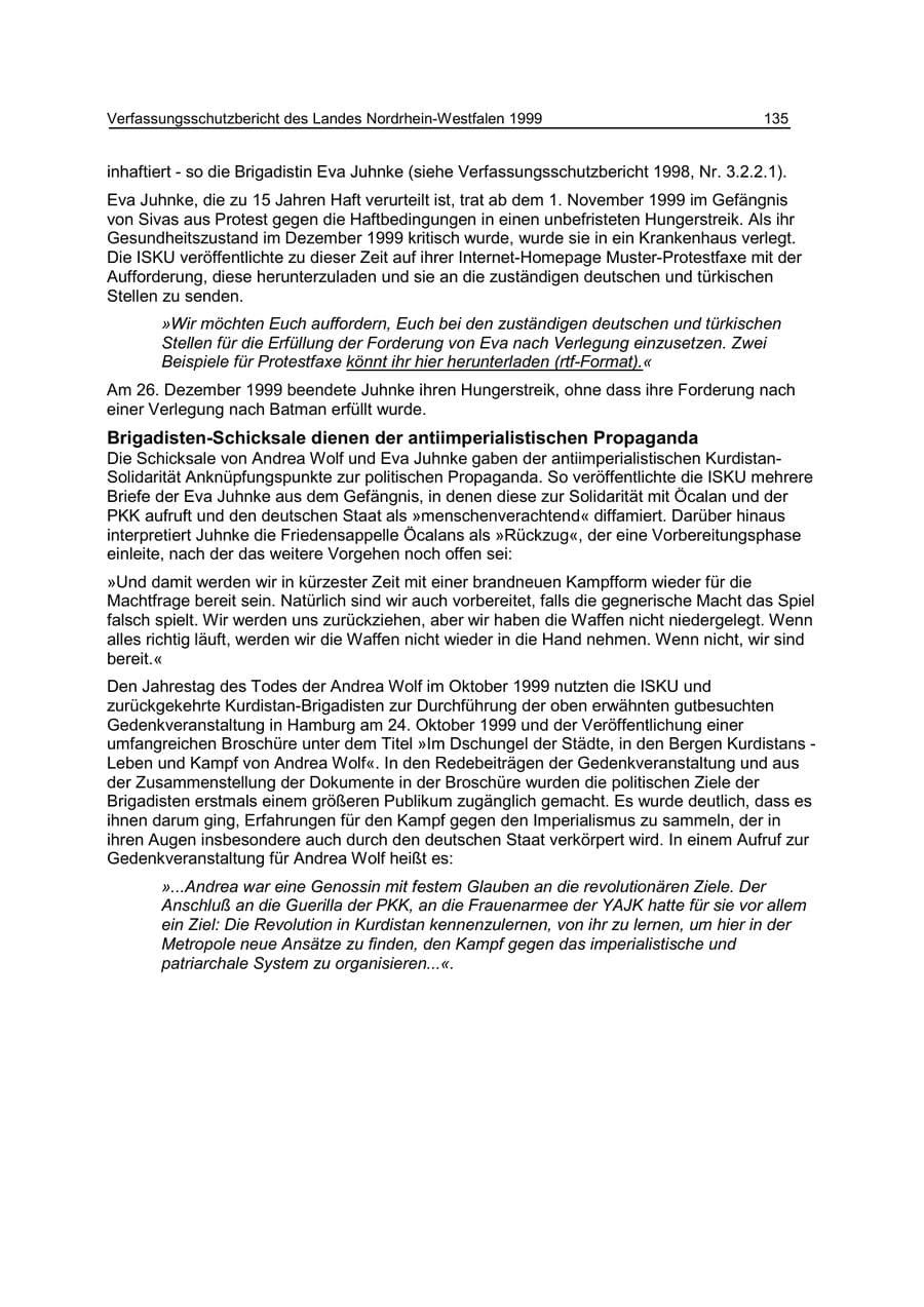 Seite 135 des Verfassungsschutzbericht 1999 Nordrhein-Westfalen