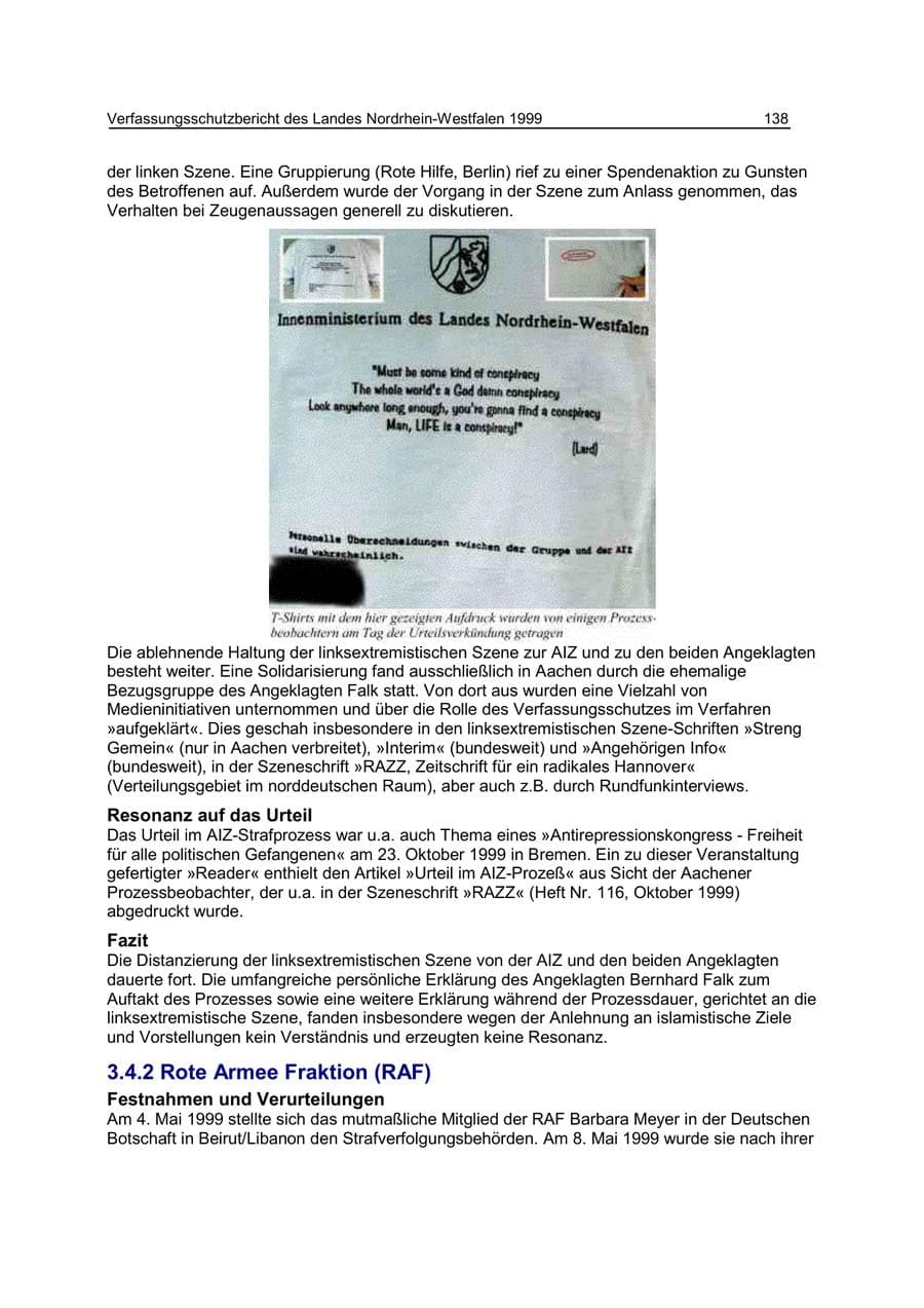 Seite 138 des Verfassungsschutzbericht 1999 Nordrhein-Westfalen