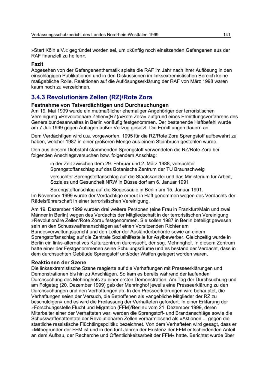 Seite 141 des Verfassungsschutzbericht 1999 Nordrhein-Westfalen