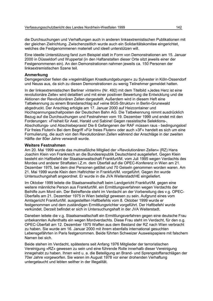 Seite 142 des Verfassungsschutzbericht 1999 Nordrhein-Westfalen